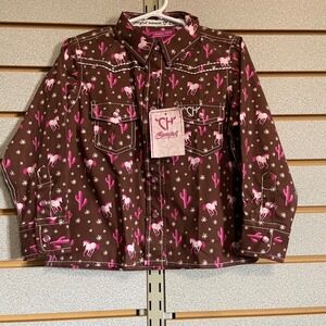 Cowgirl Hardware Girls 2T Brown Western‎ Shirt Cactus Horse Pink Accents NWTS